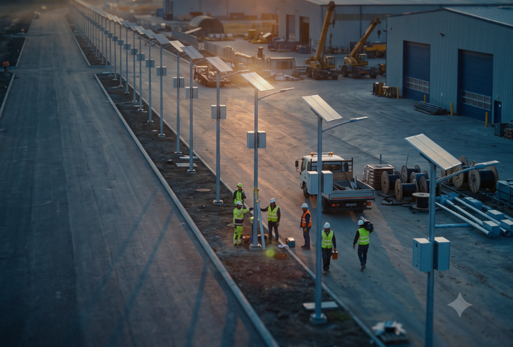 Team installing solar street lights and high-mast lighting for a government project